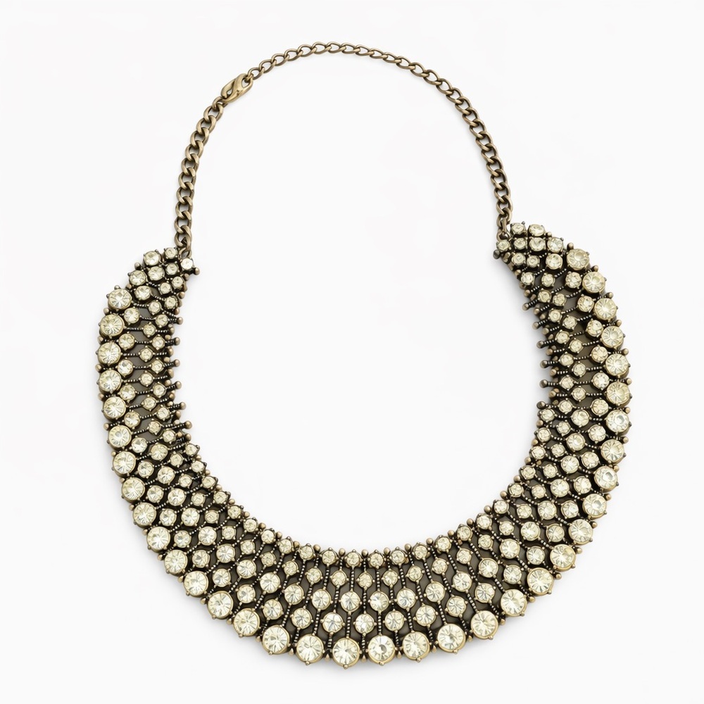 Statement Rhinestone Bib Necklace Gold Tone Crystal Collar Vintage Style